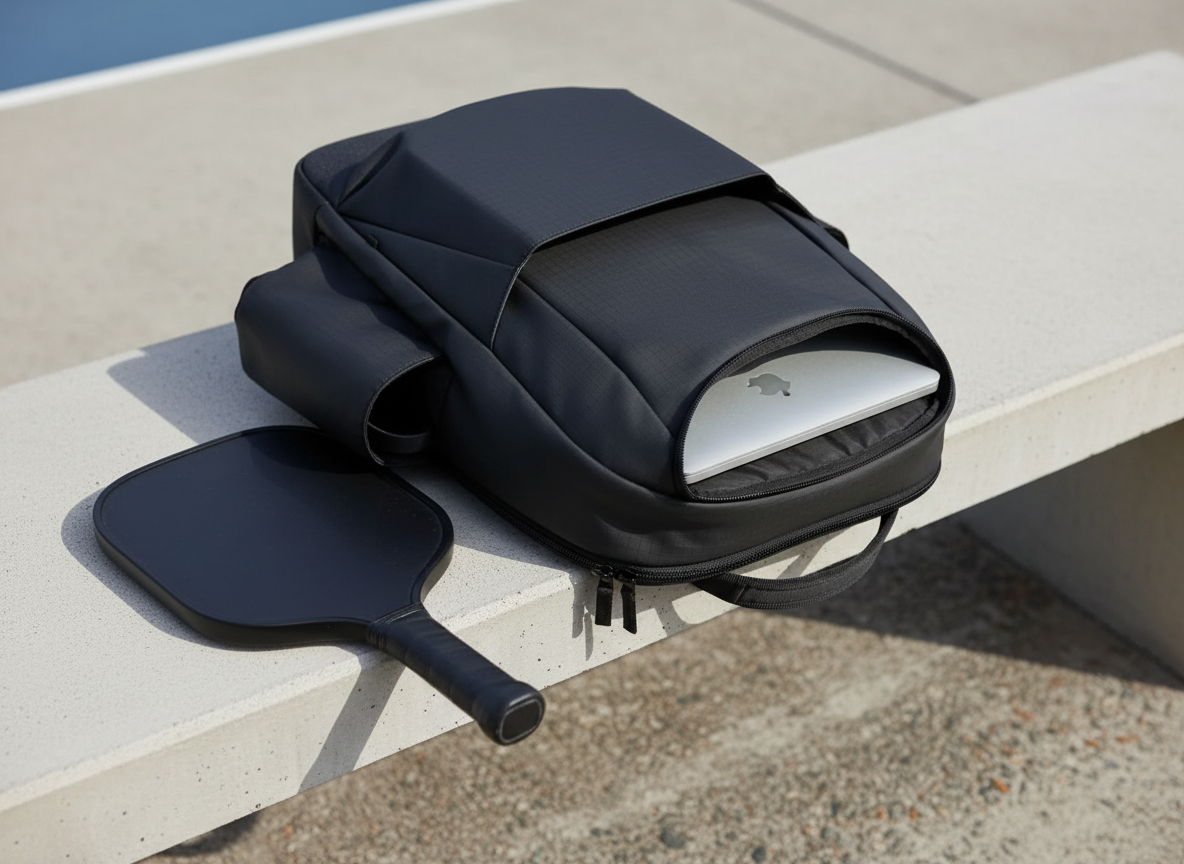 Court Ranger V2 open on bench with 16-inch MacBook Pro in padded laptop sleeve
