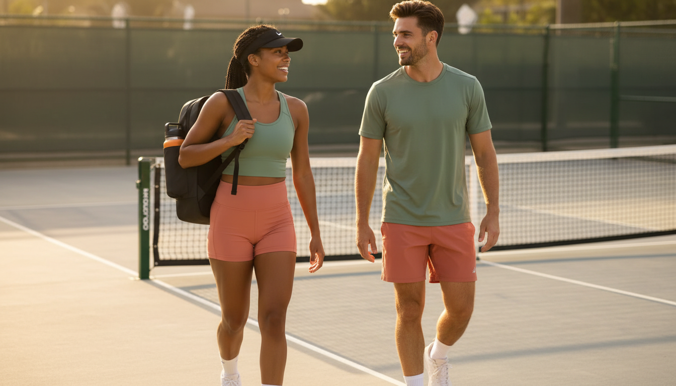 Two pickleball players in coordinated 2026 court fashion — sage green and coral, one carrying a FORWRD backpack courtside