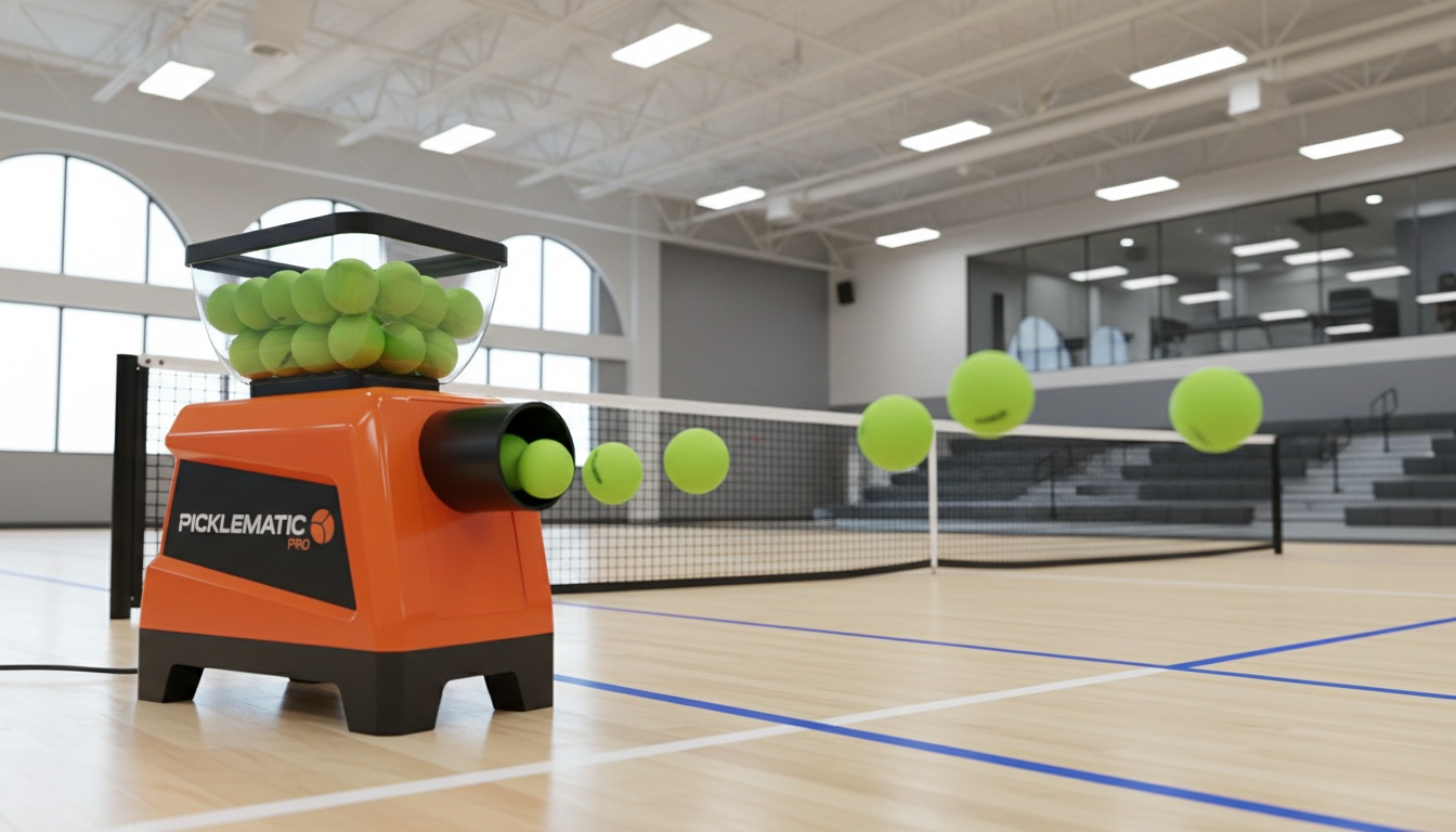 Pickleball ball machine on indoor court feeding balls across the net during a training session