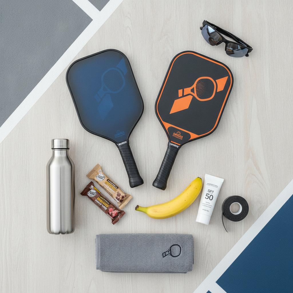 Tournament day gear flat-lay: two pickleball paddles, water bottle, energy bars, sunscreen, grip tape, sunglasses and towel arranged on clean surface