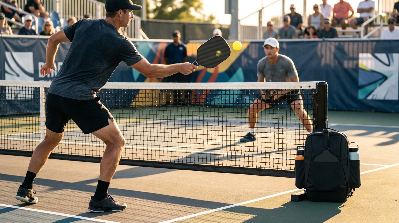 Competitive pickleball tournament match — two players battling it out on an outdoor tournament court
