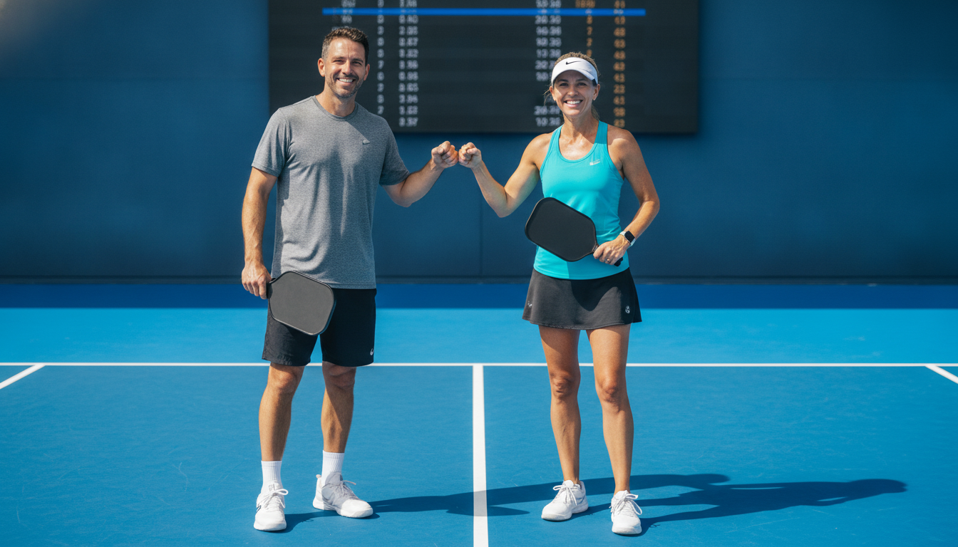 Pickleball doubles partners bumping paddles at the net after a match — the partnership dynamic is the most overlooked competitive variable