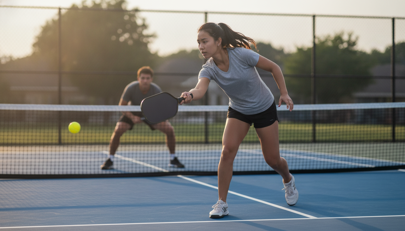 Two pickleball players mid-rally on an outdoor hard court, powerful forehand drive in progress, golden afternoon light
