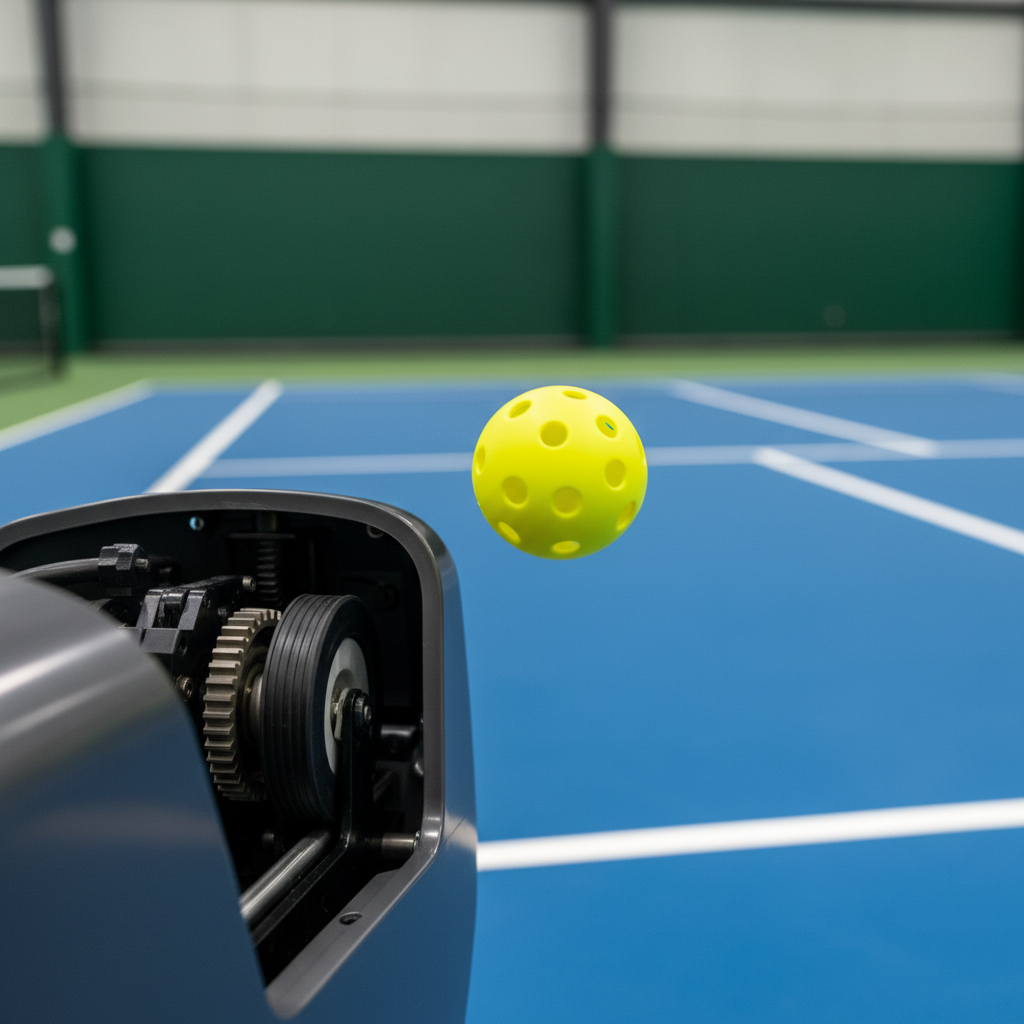 Pickleball ball being fed from a ball machine onto the court, showing mid-flight ball and precise machine targeting