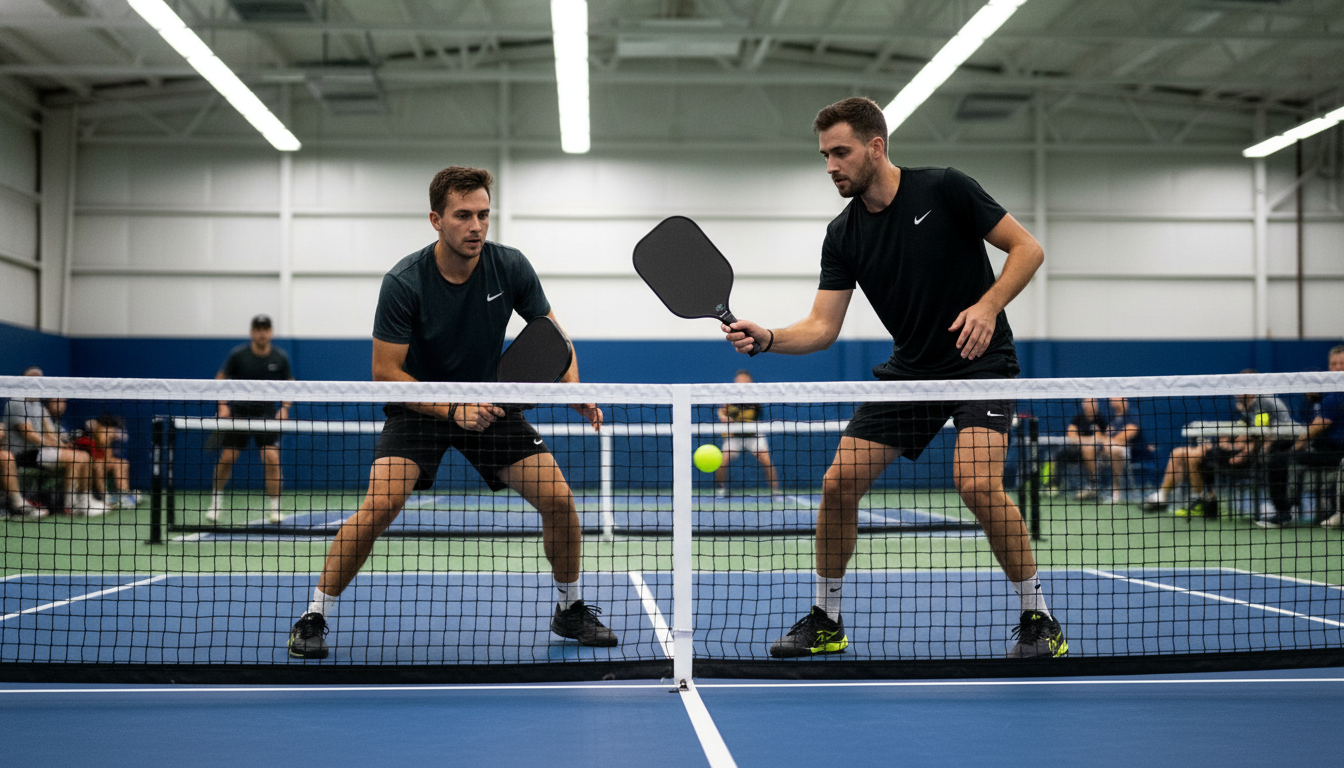 Two players in an intense kitchen exchange at the non-volley zone — speed-up drill