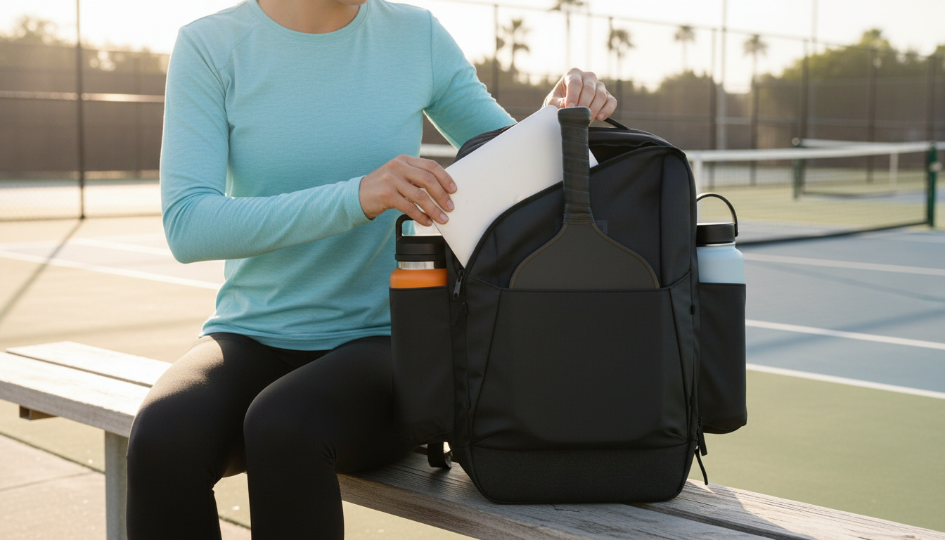 Woman organizing a pickleball backpack with laptop on a courtside bench before a morning session