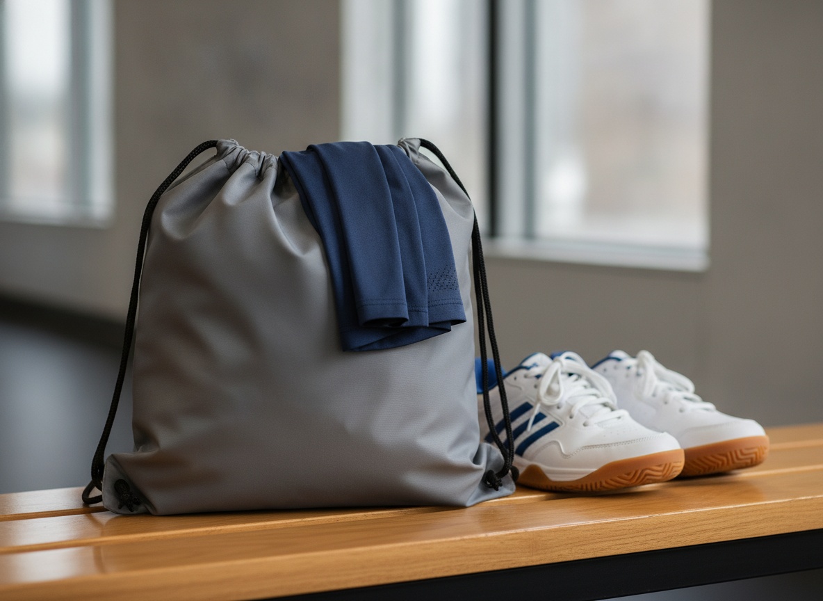 Waterproof drawstring sweat bag next to pickleball court shoes on a gym bench, showing relative size for fitting inside a pickleball bag