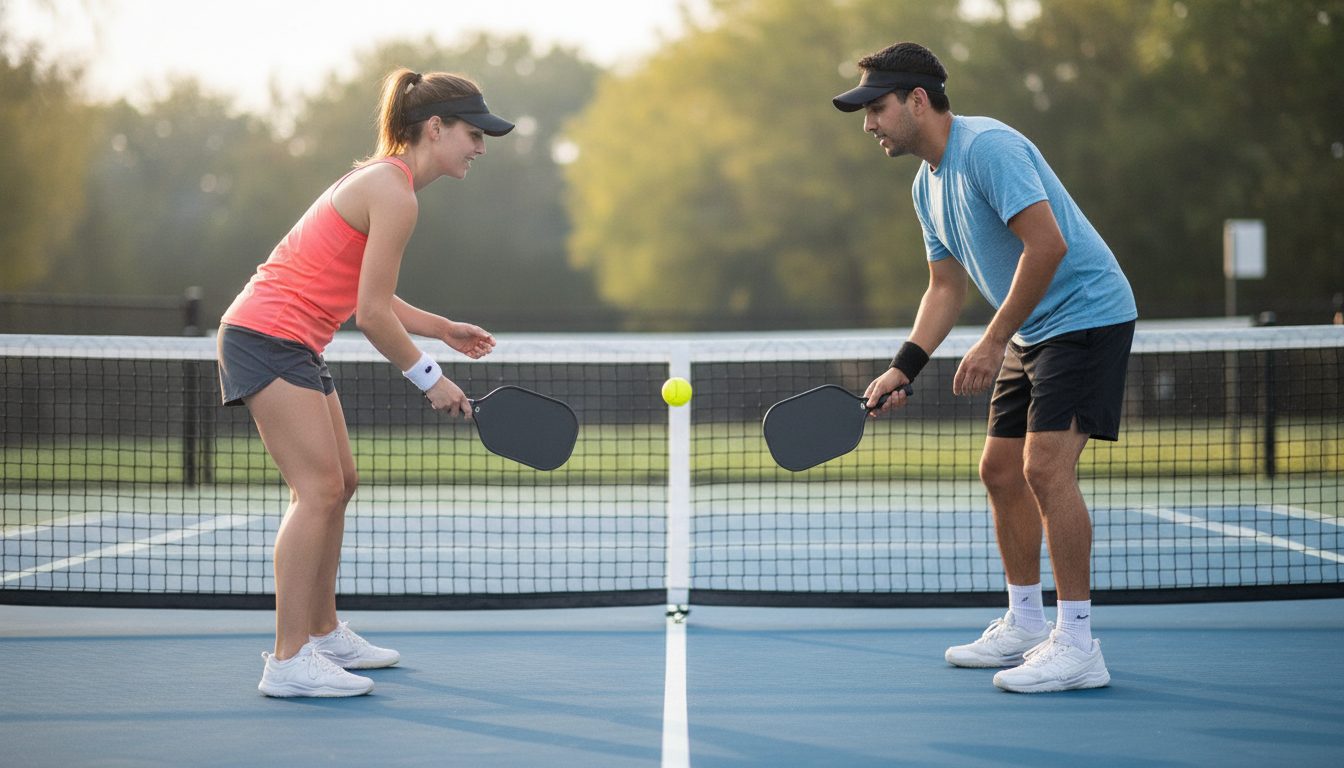 Two pickleball players dinking over the net in a relaxed warm-up drill at the kitchen line