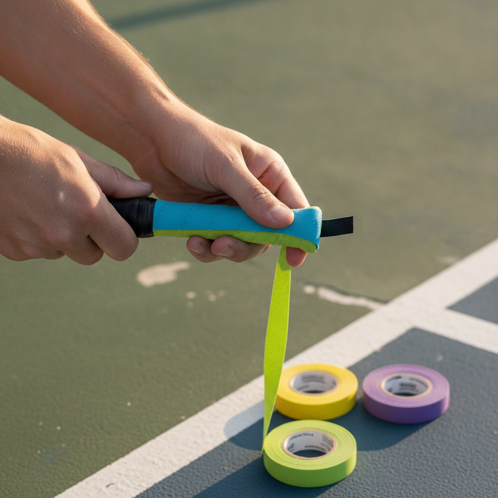 Pickleball player wrapping a fresh overgrip on a paddle handle — key gear maintenance for performance and control