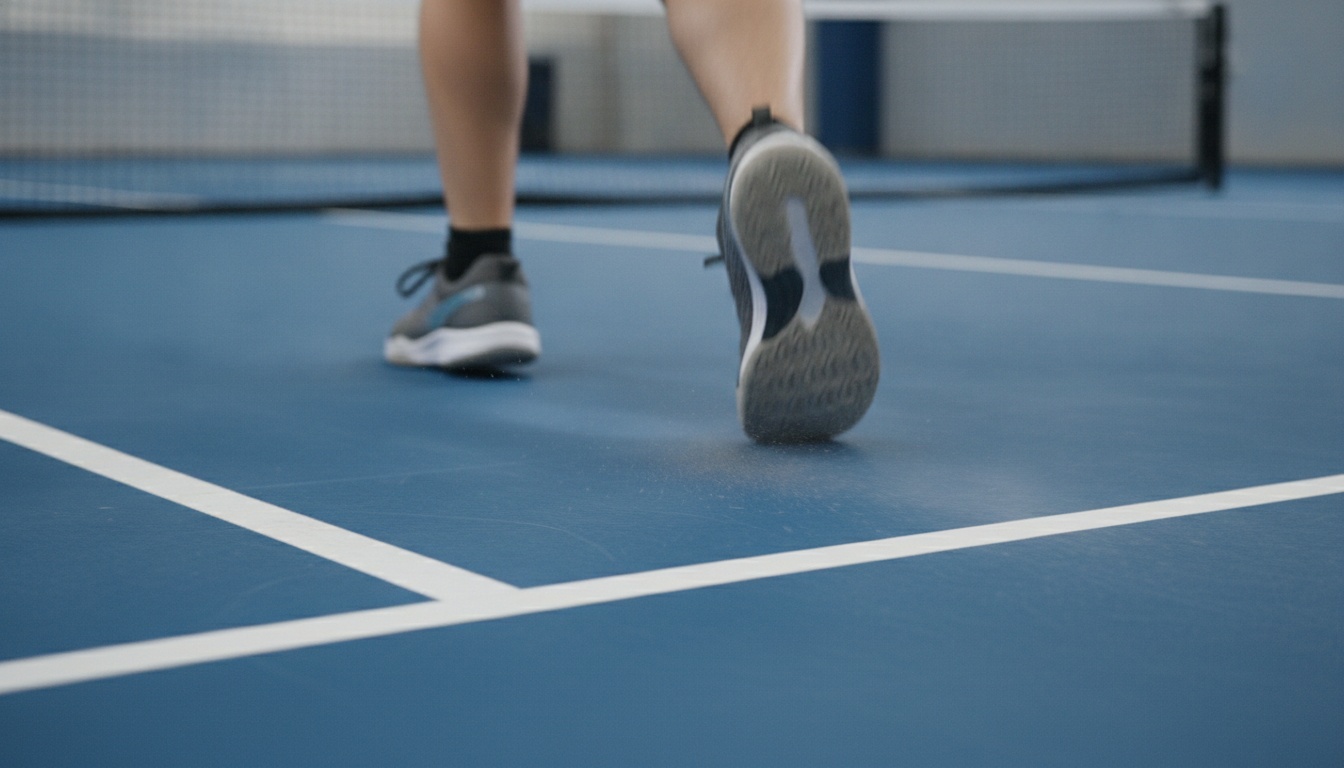 Indoor pickleball court footwork — lateral movement during a mid-game rally