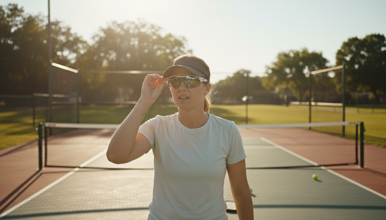 Player adjusting pickleball glasses at outdoor court in bright sunlight