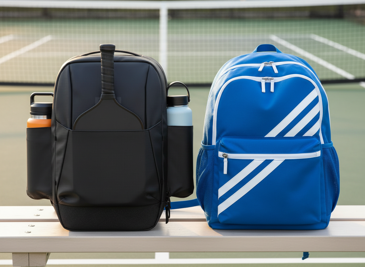 Two pickleball backpacks side by side on courtside bench — premium vs budget comparison