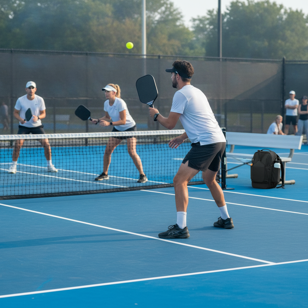 Doubles pickleball team at kitchen line during competitive tournament match