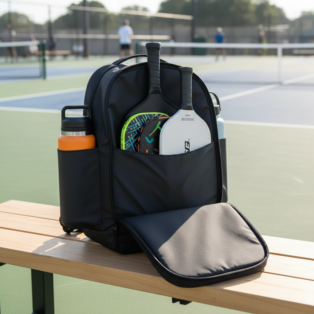 FORWRD Court Caddy pickleball backpack open on court bench showing four paddles organized in the modular sleeve