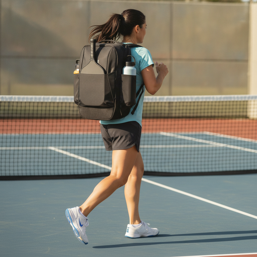 Woman in her 40s playing pickleball on an outdoor court, mid-stride during a rally