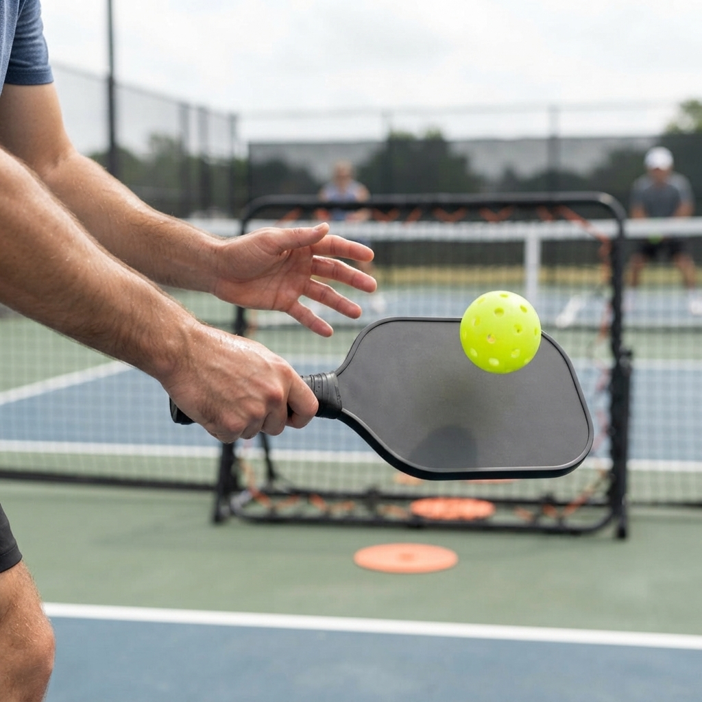 Pickleball player's hands and paddle at the non-volley zone line drilling dinks toward a rebounder, target markers visible in the kitchen, outdoor court