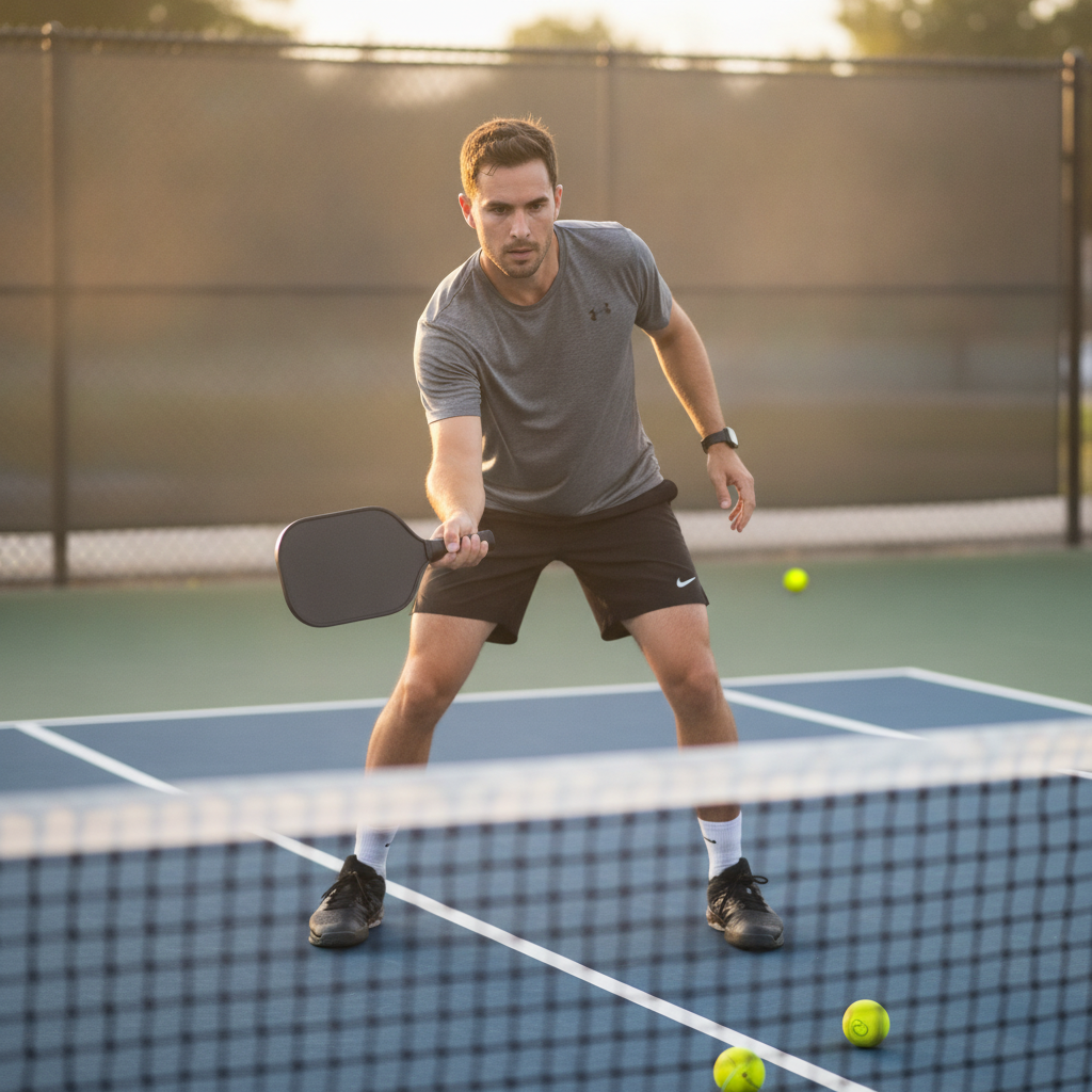 Pickleball player practicing third-shot drop at the kitchen line during focused solo training session