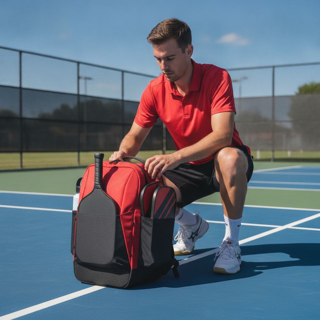 ProXR Player Tournament Bag - serious pickleball player at outdoor tournament court with gear organized