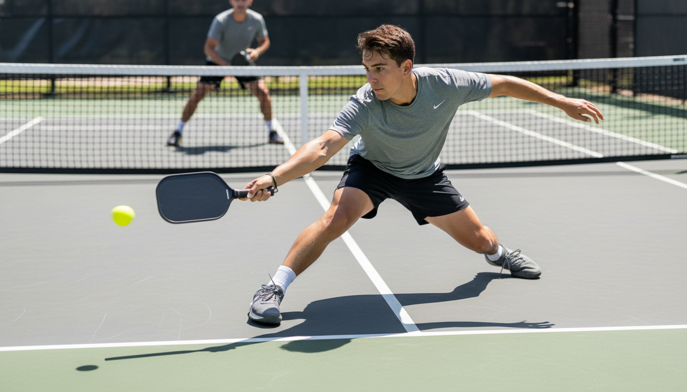 Pickleball player at the NVZ in explosive lateral movement, reaching across to intercept a center ball in doubles play