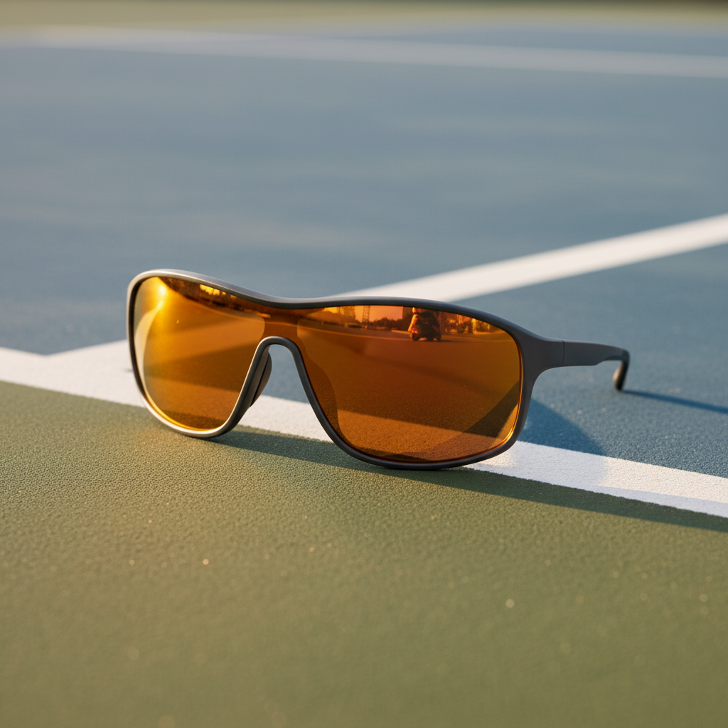 Women's athletic pickleball sunglasses with amber tinted wrap lenses on an outdoor court surface