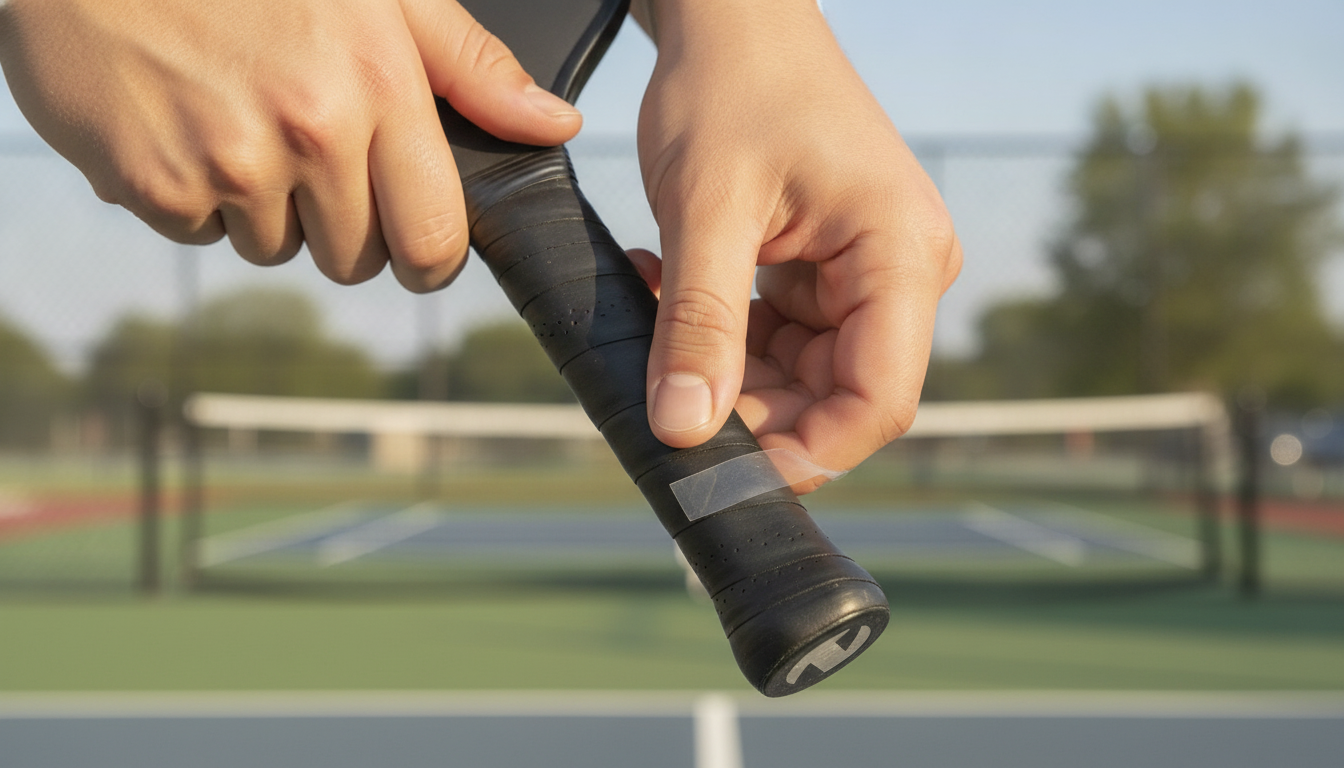 Close-up of pickleball paddle grip wrapping on outdoor court