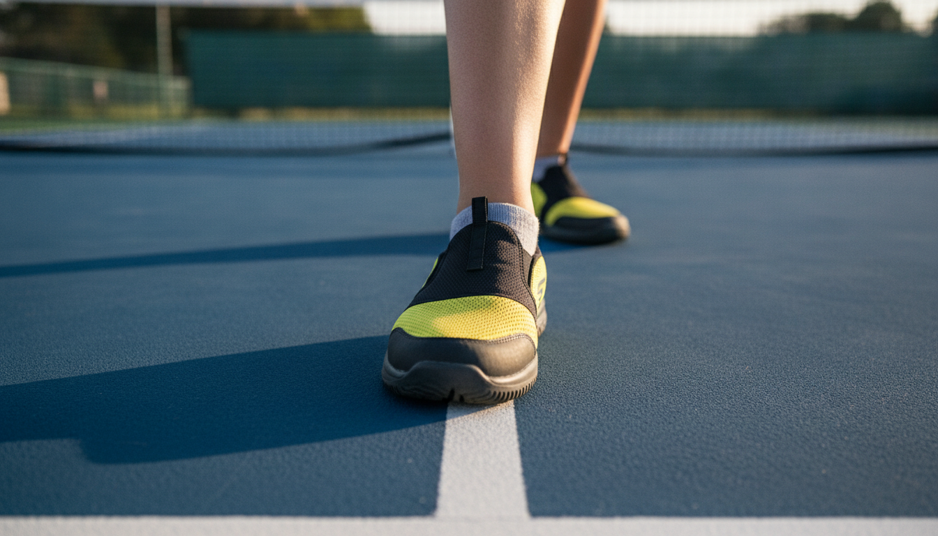 Skechers Viper Court Elite 2.0 court shoe in stable NVZ position on outdoor pickleball court