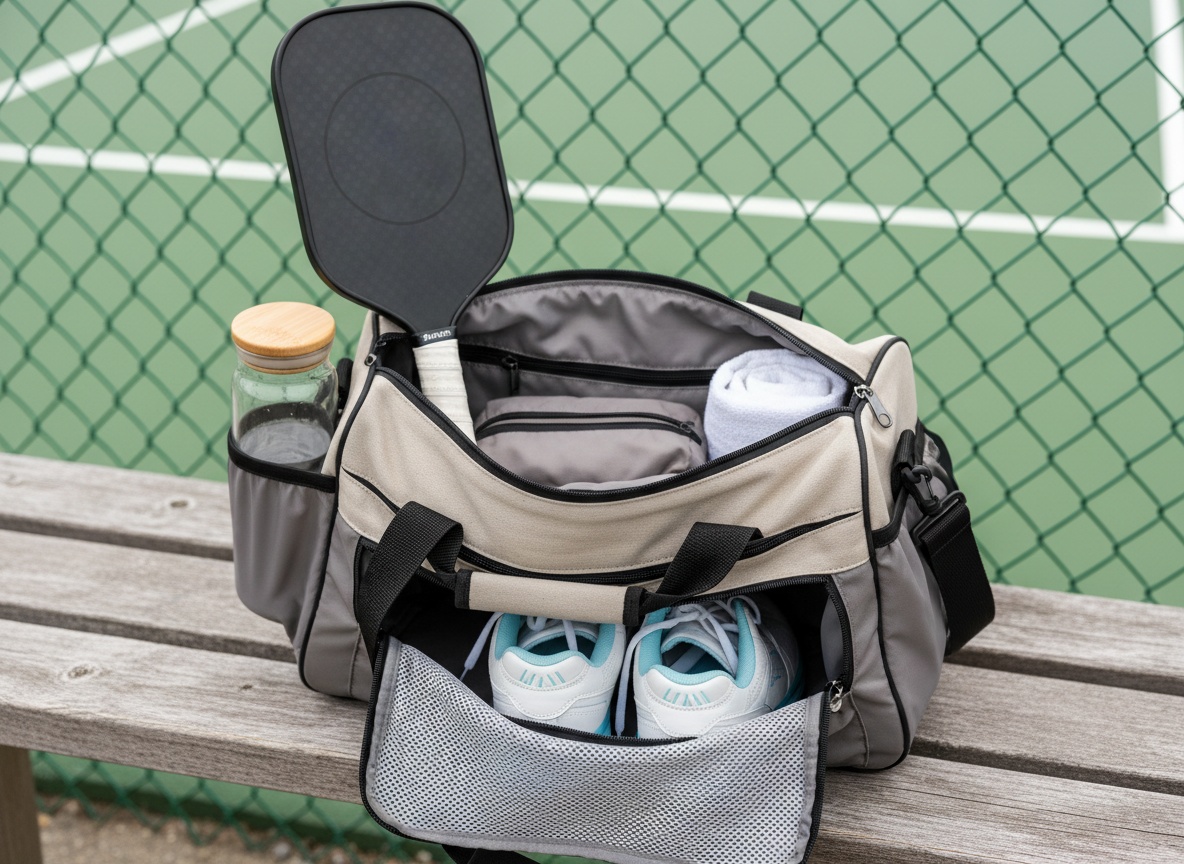 Open pickleball bag on court bench showing organized gear compartments