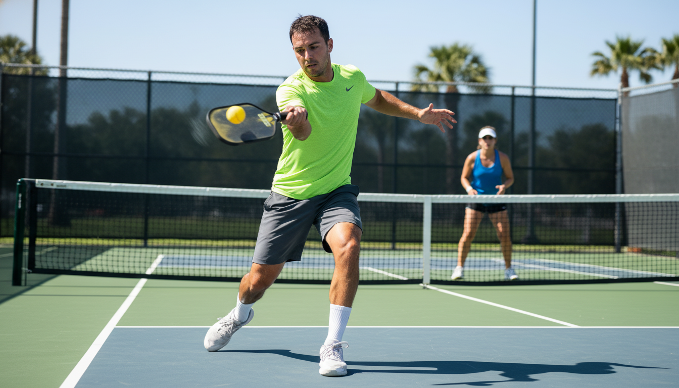 Pickleball player at baseline in full follow-through driving the third shot toward the kitchen