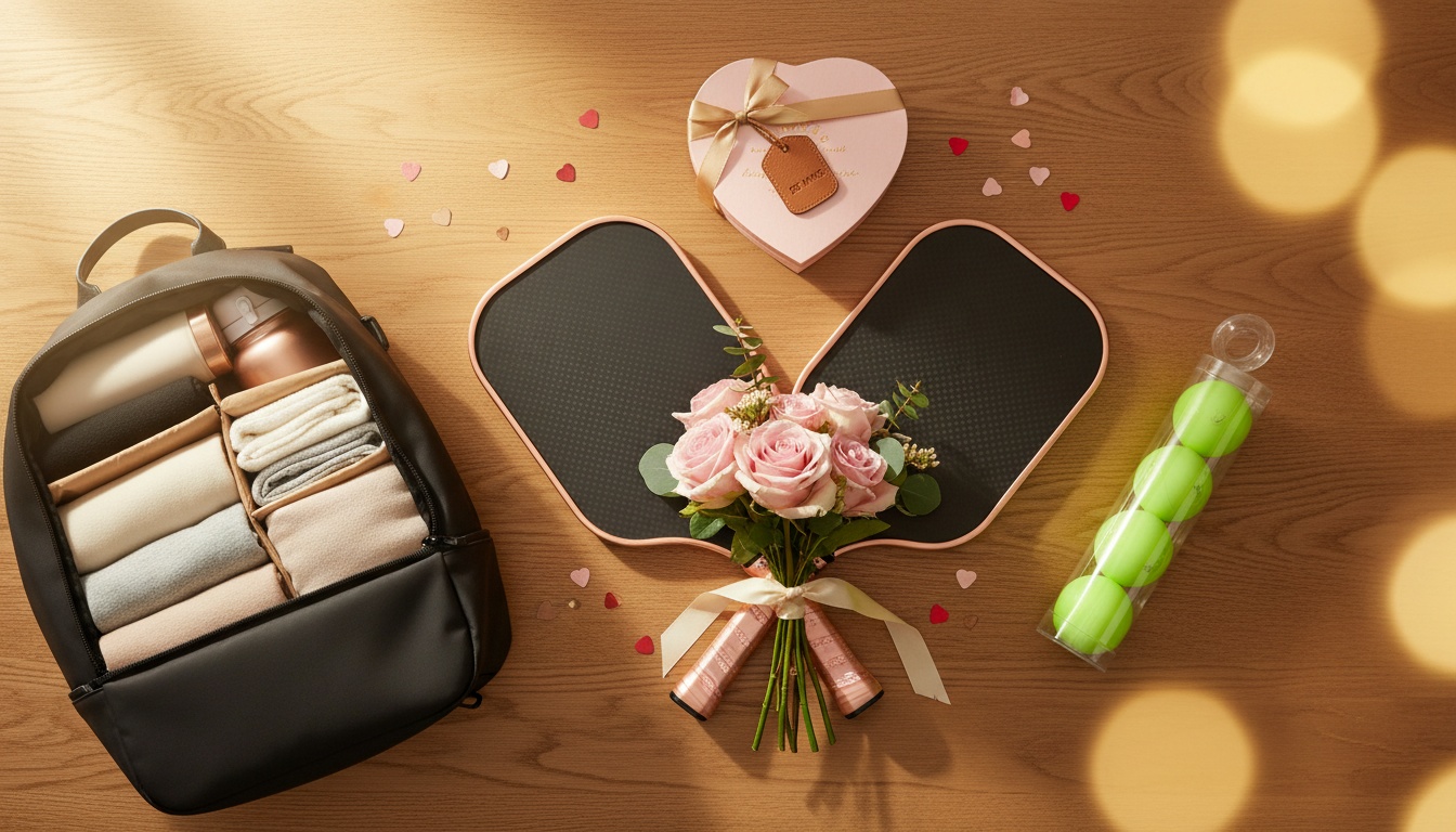 Valentine's Day pickleball gift guide flatlay with paddles, roses, and premium pickleball backpack