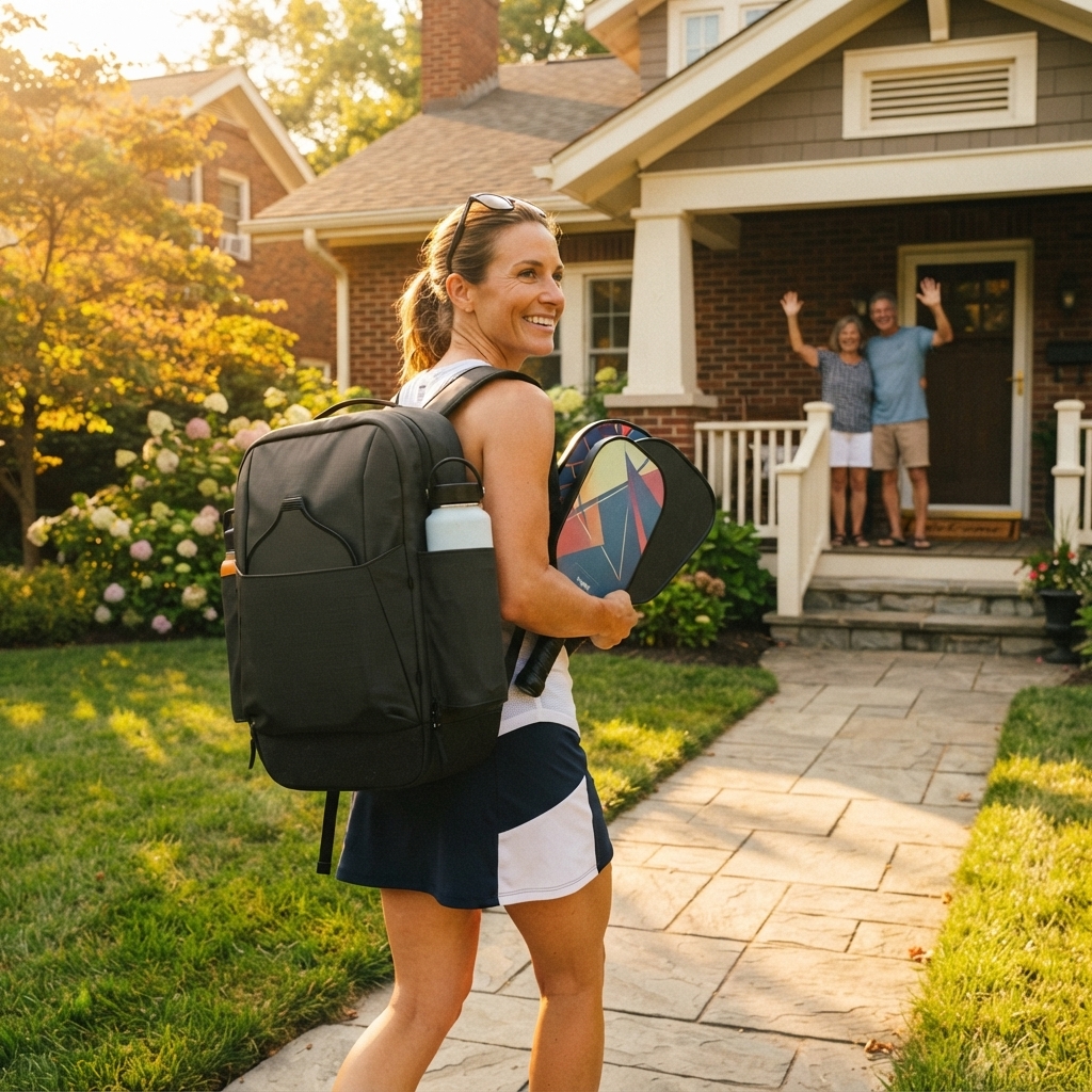 Pickleball housewarming gift — player arriving at new home with FORWRD bag and paddles, summer afternoon