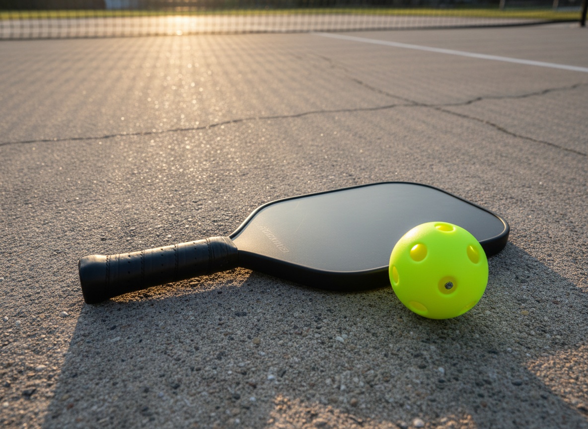 Pickleball paddle and ball on court surface, late afternoon light