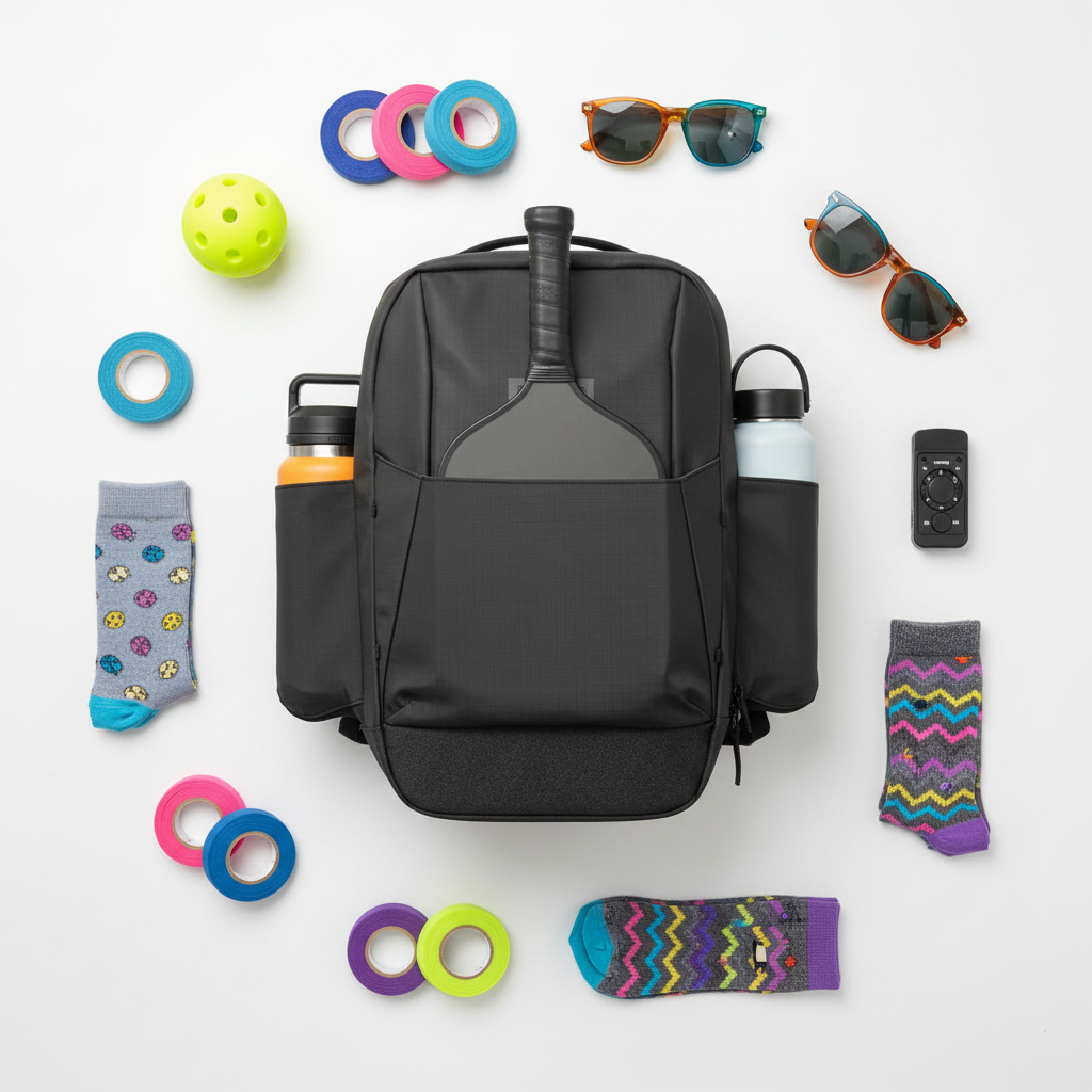 Best pickleball gifts under $50 - colorful balls, grips, and accessories arranged around a FORWRD pickleball bag