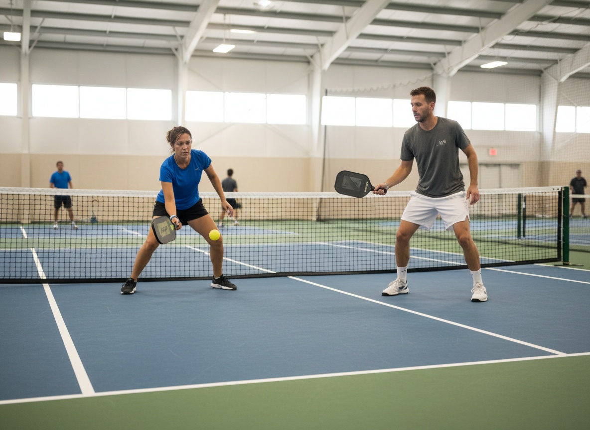 Pickleball players at kitchen line practicing dink resets — the area where the Black Opal demands extra precision