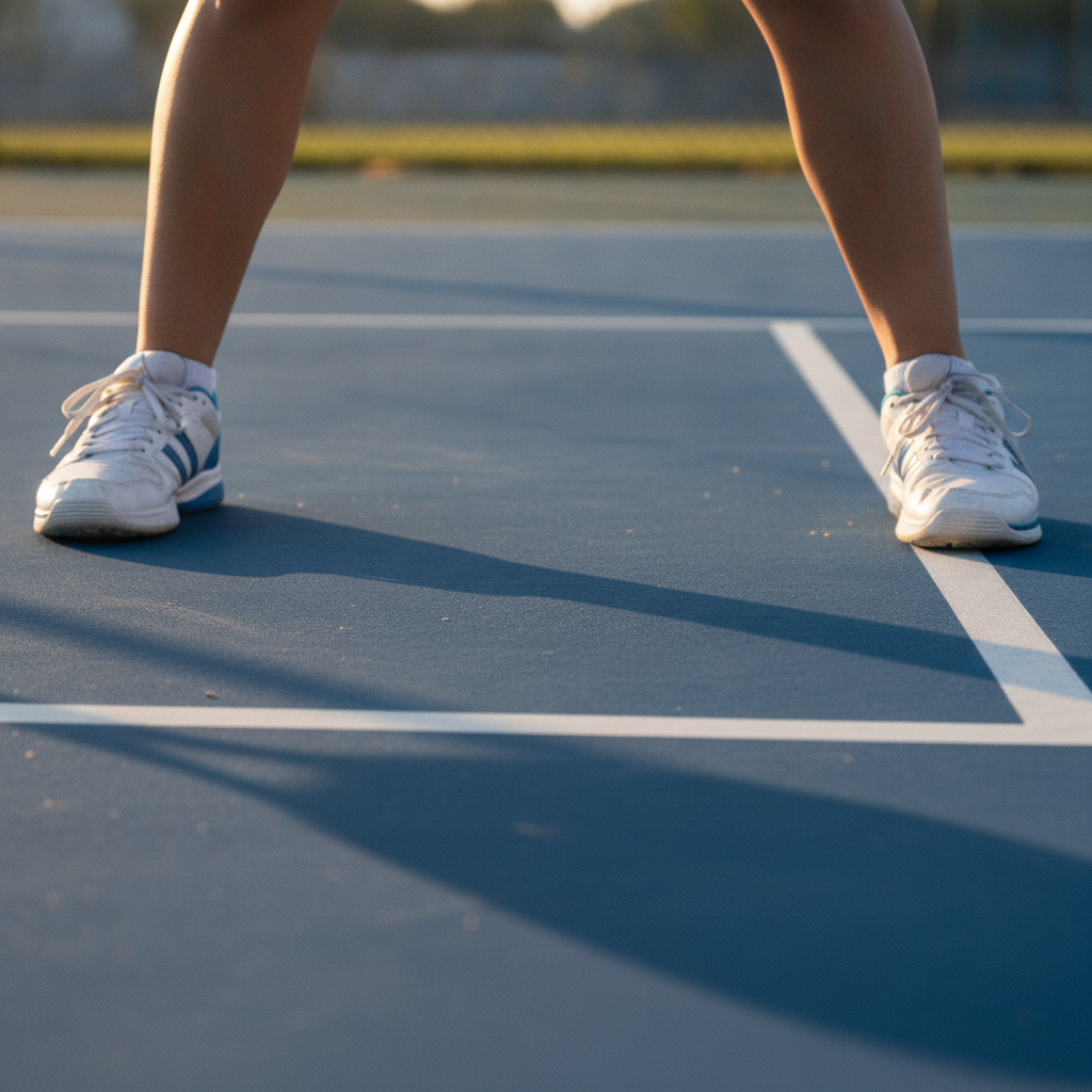 Pickleball player stable stance at kitchen line on outdoor court, wearing court shoes with solid grip