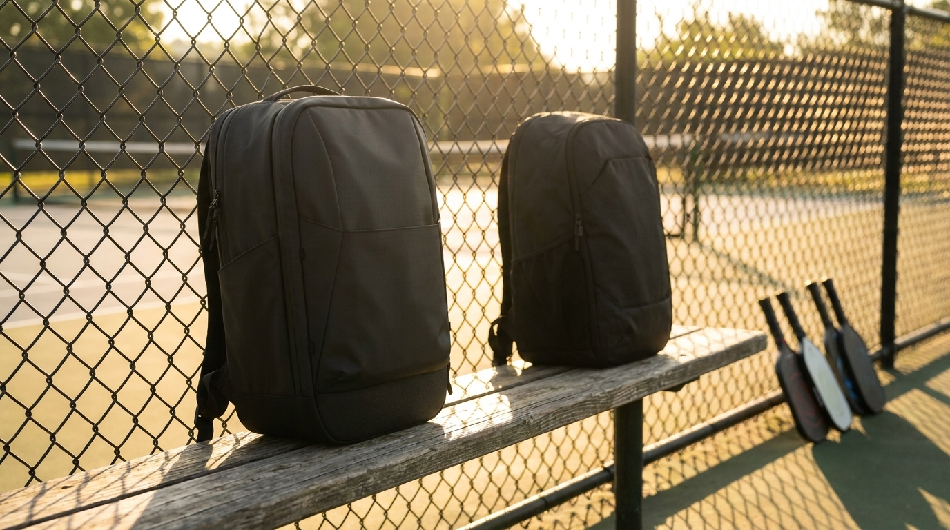 FORWRD Court Ranger V2 vs Gearbox Core Pickleball Backpack comparison on outdoor court bench