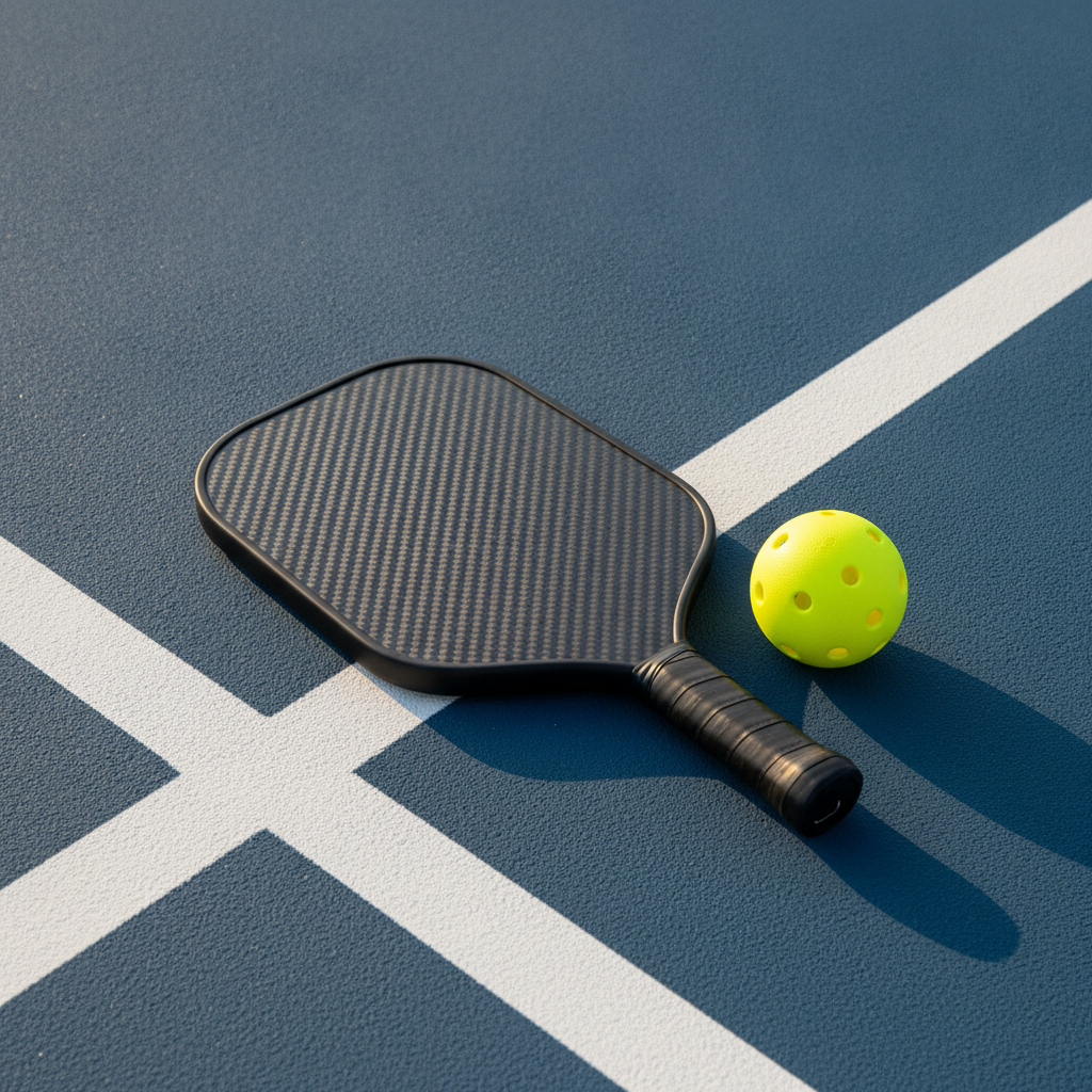 JOOLA Ben Johns Hyperion CFS 16 pickleball paddle face showing carbon fiber texture on court