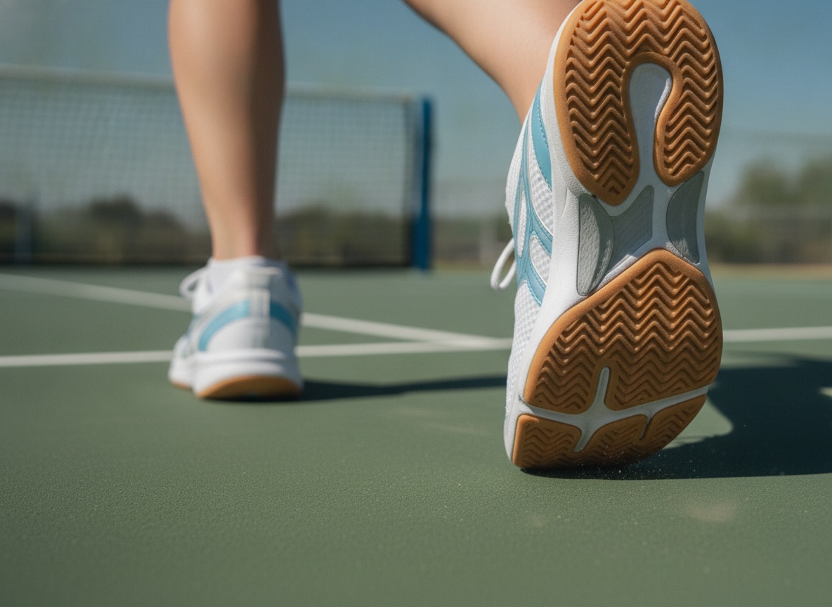 Pickleball player in dynamic lateral movement showing court shoe traction on outdoor court surface