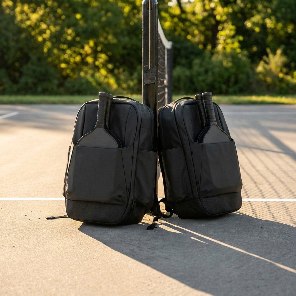 FORWRD Court Caddy vs Vulcan Recon Pickleball Backpack side-by-side comparison at an outdoor court