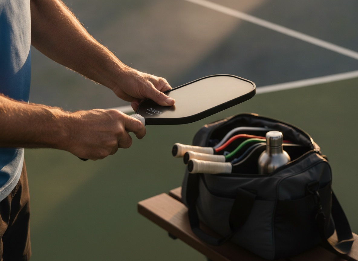 Senior pickleball player adjusting paddle grip before a match, organized court bag visible on bench