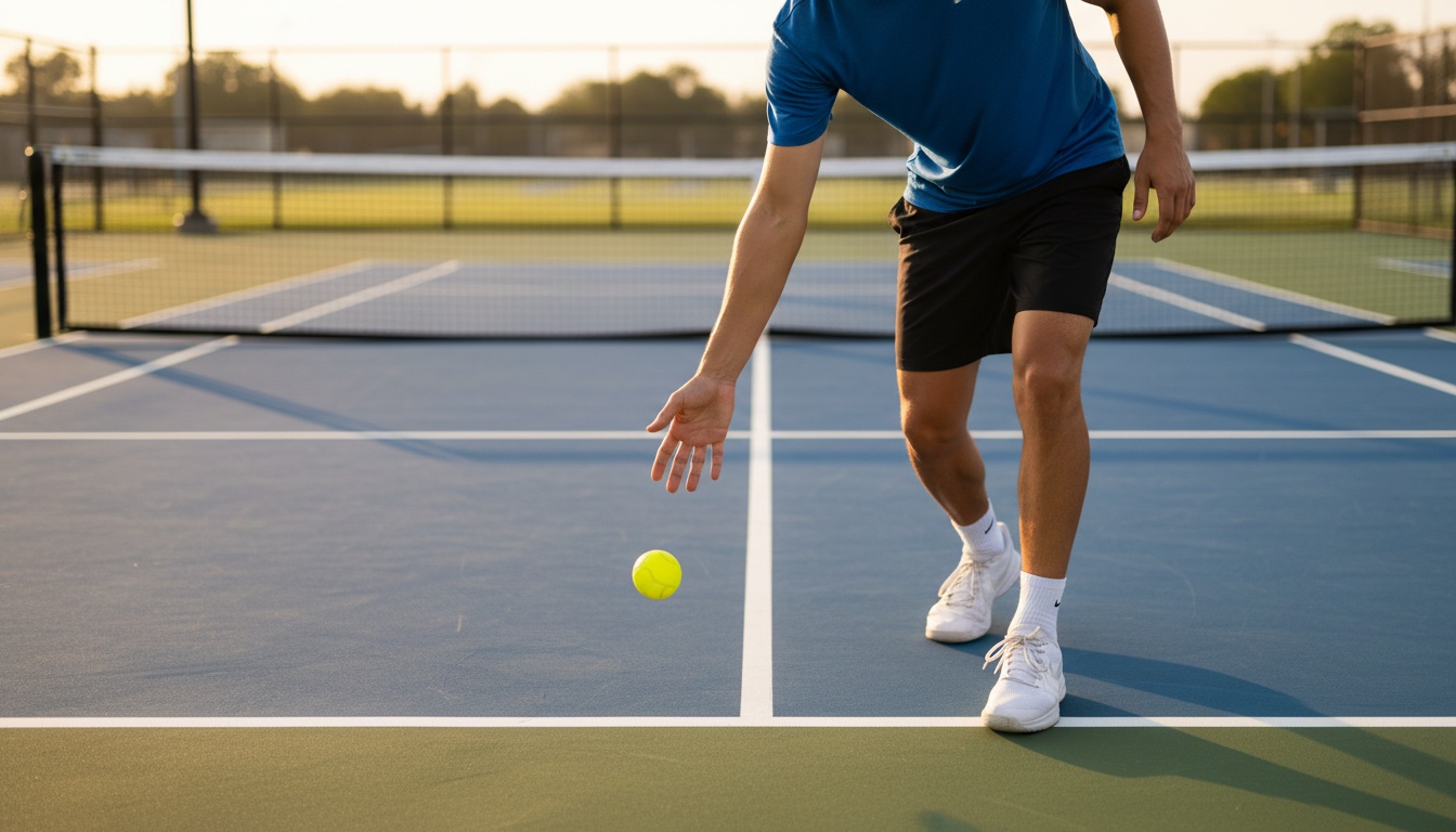 Pickleball player in drop serve motion, ball falling from hand toward court surface, outdoor hard court, golden hour light