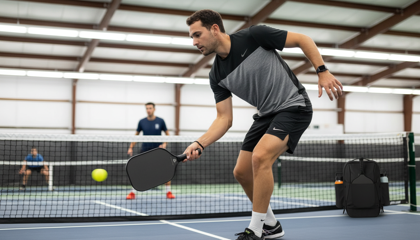 Player at the non-volley zone executing a precise dink with controlled wrist angle