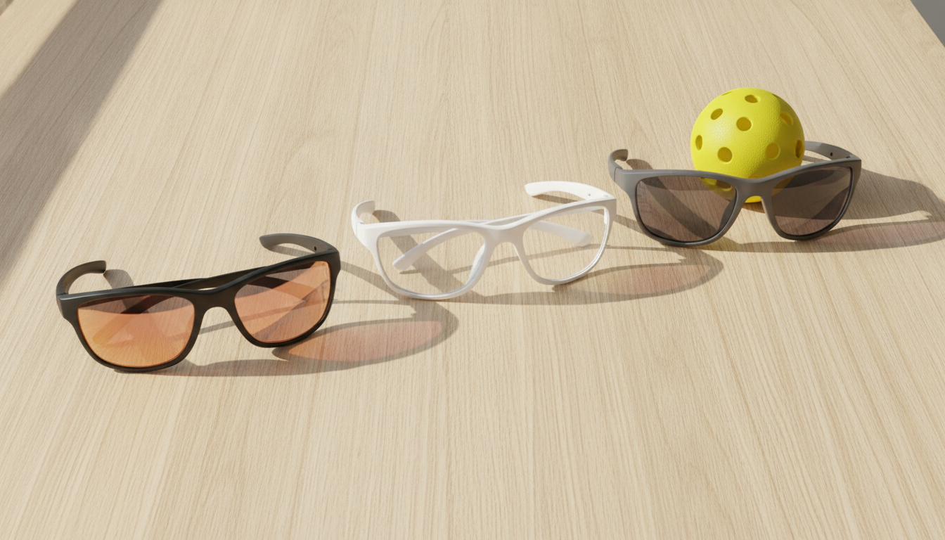 Three pickleball glasses with different lens tints — amber, clear, and smoke — arranged as a flat lay alongside a yellow pickleball