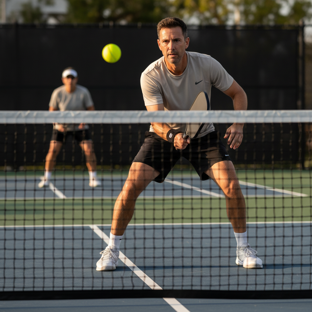 Pickleball player at the kitchen line mid-decision, paddle raised with intense focus, yellow ball visible mid-air above the net