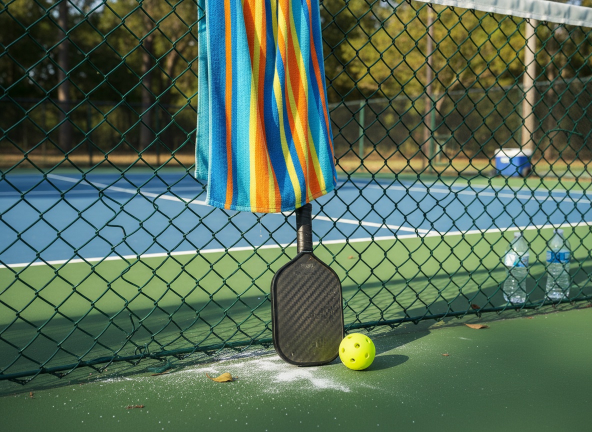 Pickleball towel and paddle laid out courtside during an outdoor match