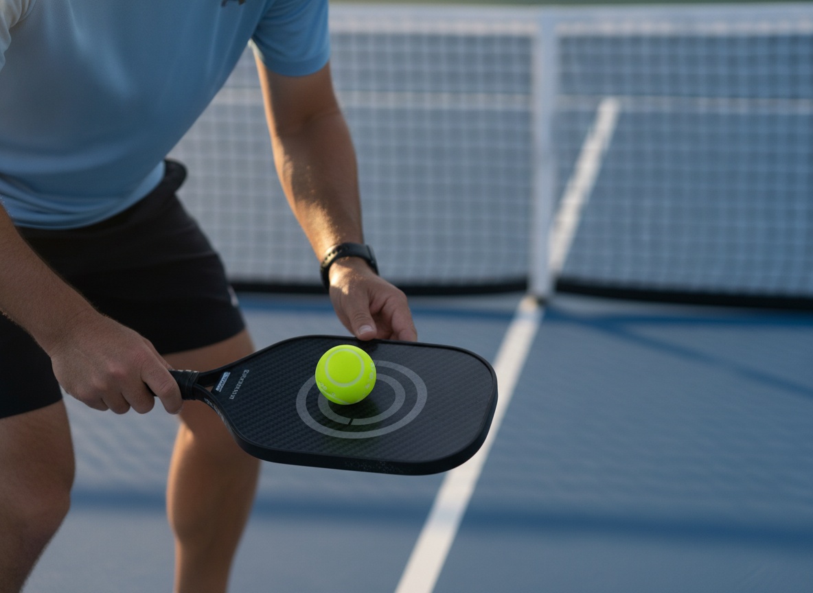 Pickleball player at kitchen line executing dink shot, showing paddle contact with ball