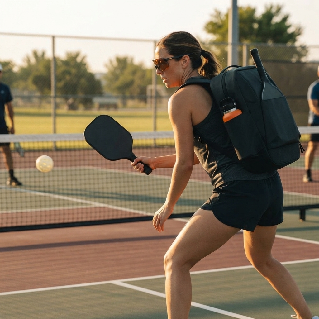 Woman playing pickleball outdoors wearing amber-tinted athletic sunglasses at the kitchen line