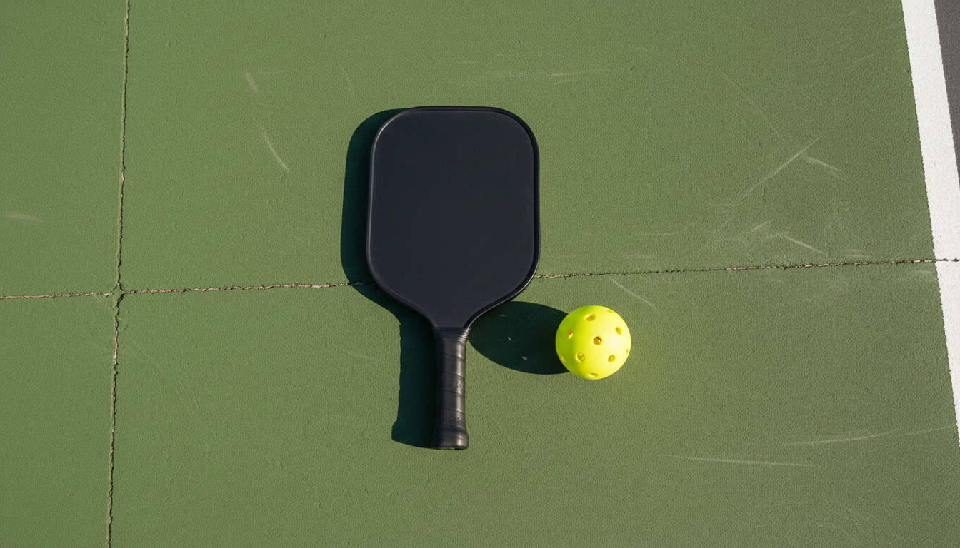 Pickleball paddle and ball flat-lay on outdoor court surface, natural light