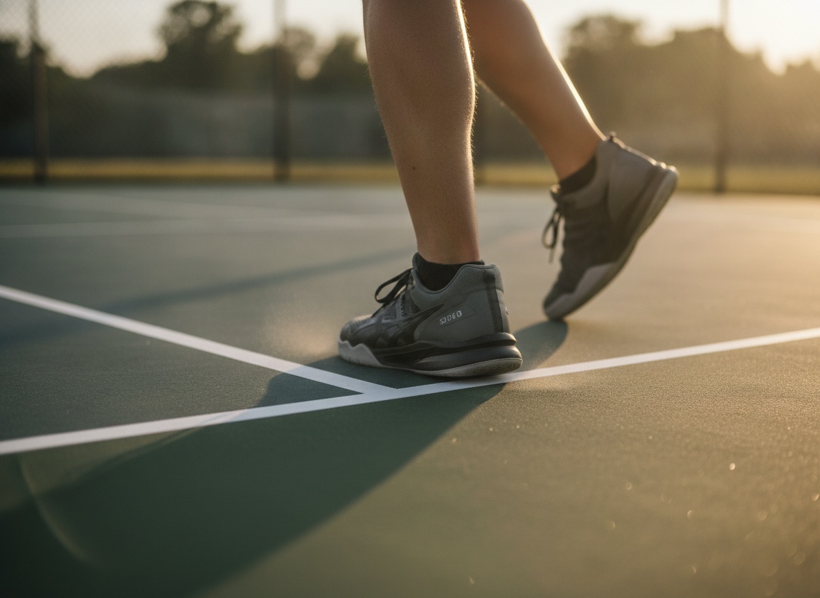 Pickleball player lateral footwork movement at the kitchen line during a rally