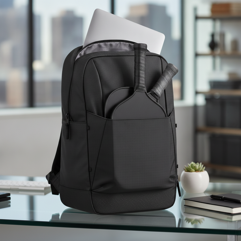 Black pickleball backpack on a modern office desk with paddles visible in sleeve and MacBook in laptop compartment