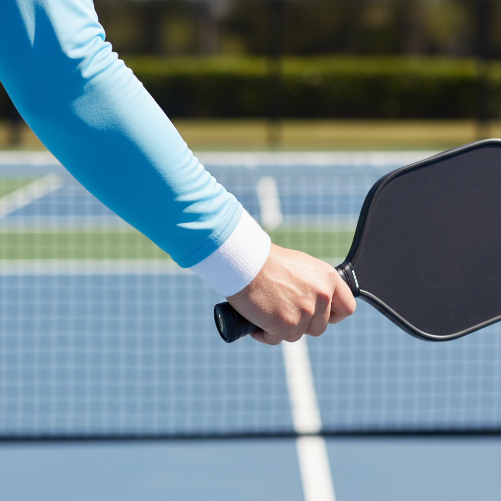 Close-up of a pickleball player's hand gripping a paddle in continental grip at net height, executing a volley